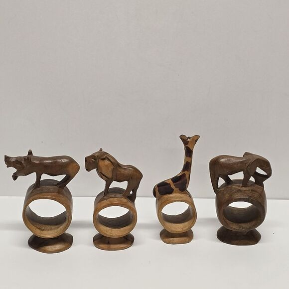 African Wood Carved Safari Animal Napkin Rings jungle theme Made In Kenya VTG - Picture 3 of 8
